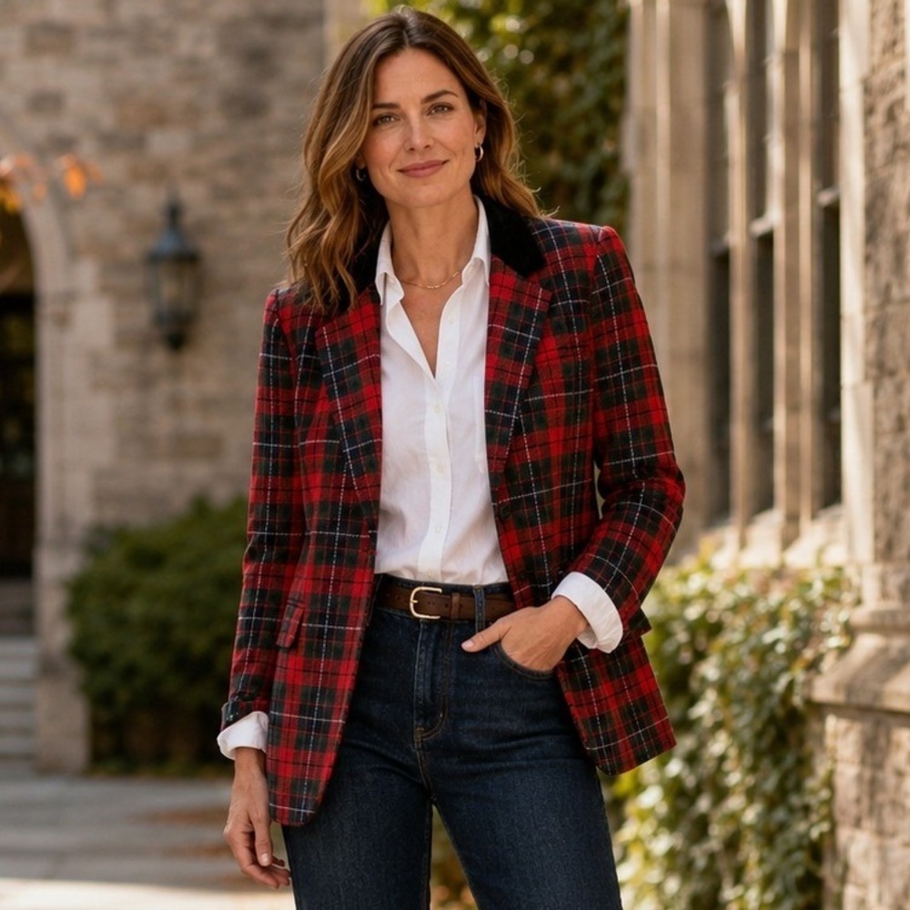 Womens Vintage Tartan Plaid Blazer 16 Red Wool Velvet Collar Sag Harbor Classic